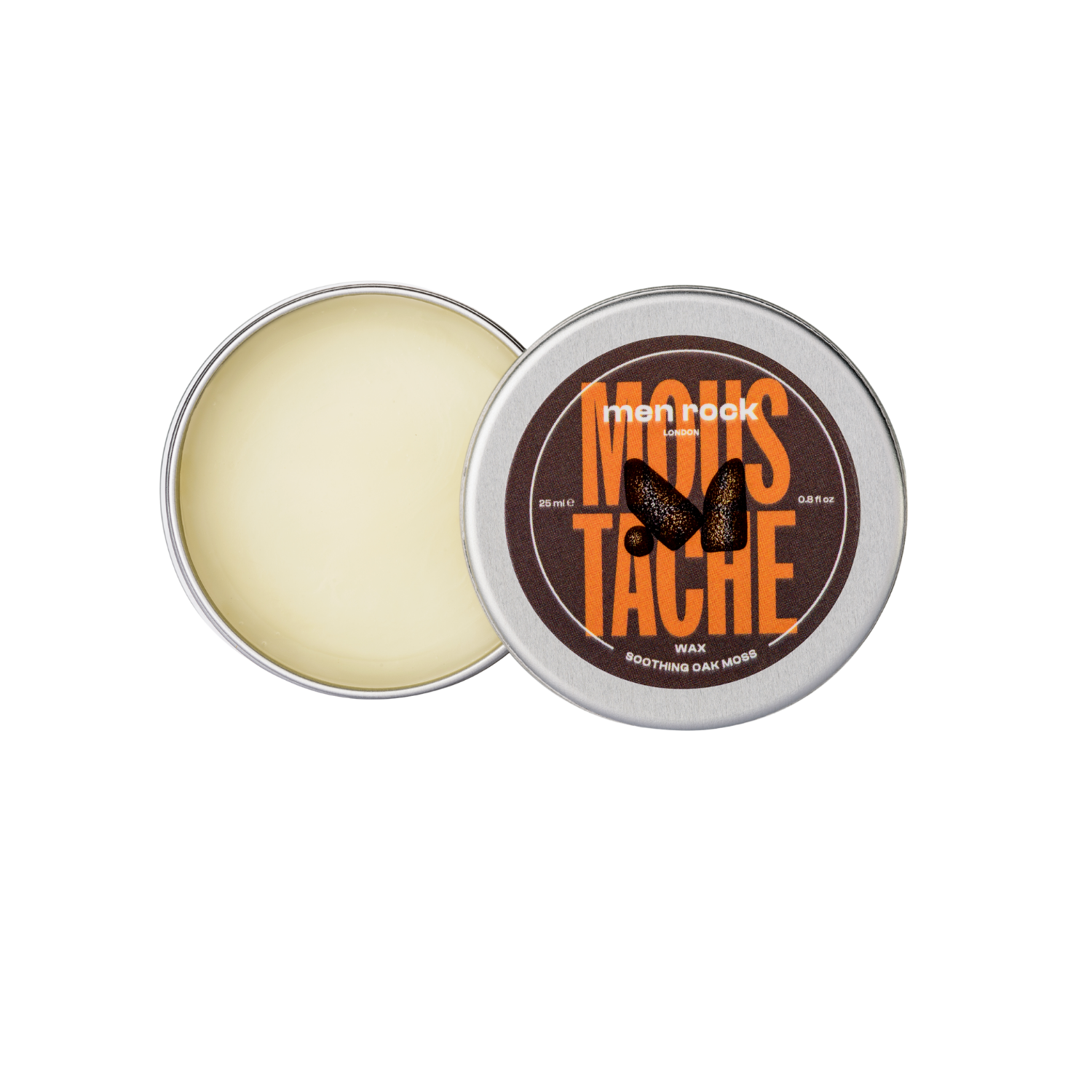 Moustache and beard wax for taming and styling facial hair in a 25ml open tin